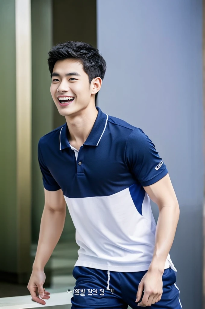 Korean man, Inspiration from Peng Yuyan, 23 years old, Korean muscular man ,The computer room is in the back. Sports t-shirts, polo, tight, navy blue., open mouth smile