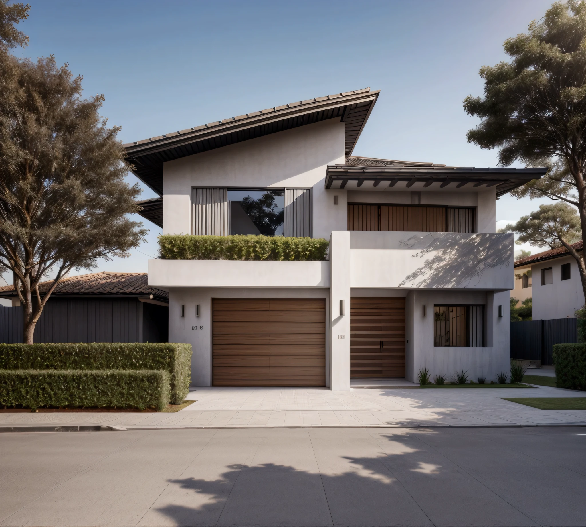 CRU photo,work of art, high qualiy, best qualityer, authentic, super detaill, plein-air, (((front-facing))), villa seen from the front, vista front-facing, single storey villaXL, aiai group, modern house style on the street, front house, visão front-facing, entrada com gramdo, elegant and minimalist facade, pavement, gram, Trees, sky, nube, (Day Light:1.1)