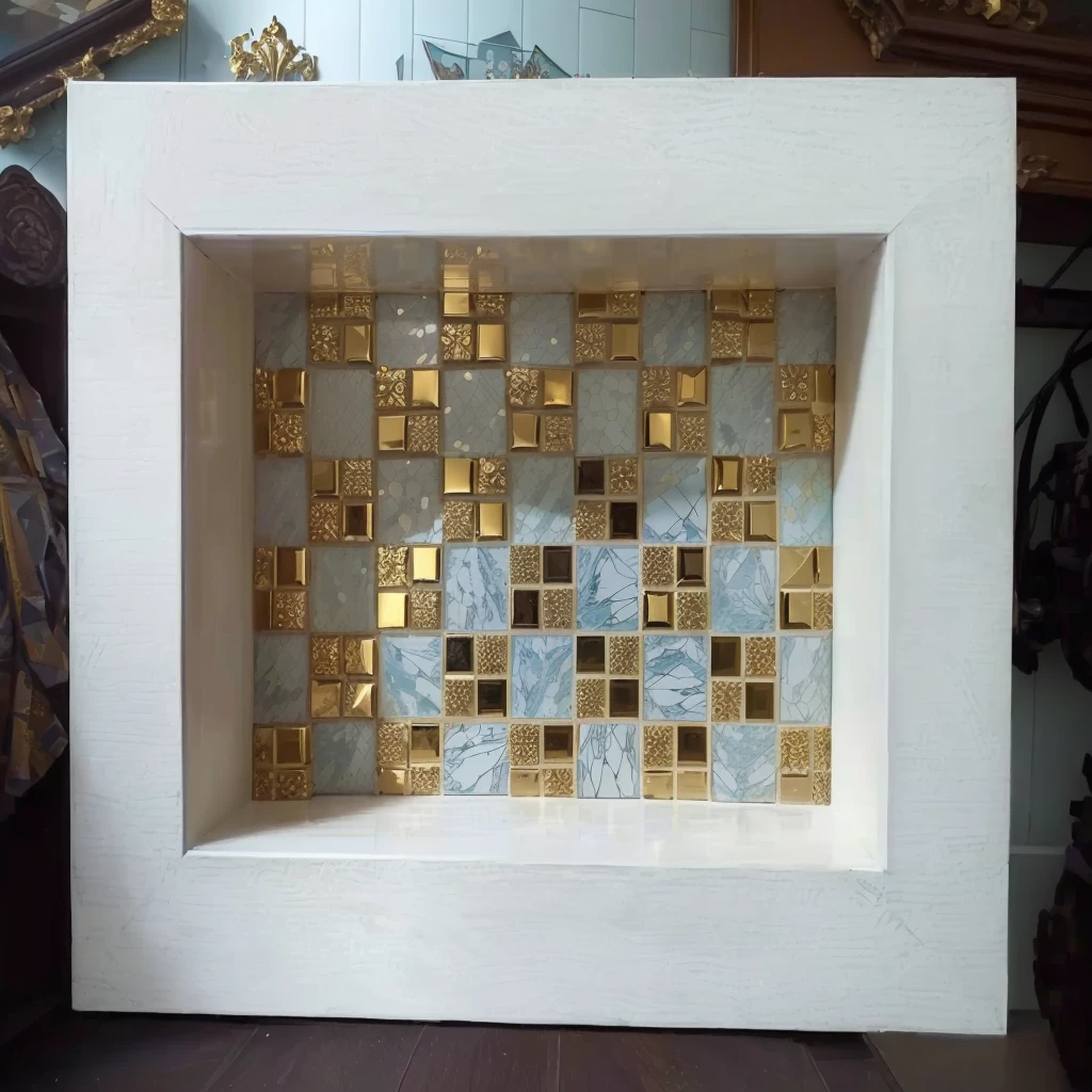 there is a photo of a white frame with gold tiles, inside a frame on a tiled wall, tessellation de vidroo, tessellation style, inlaid with gold, tessellation, stone and glass and gold, gold framed, gold inlay, gold and luxury materials, Coating, golden tones are displayed naturally, Montagem, tessellation de pixelso, made for an art gallery