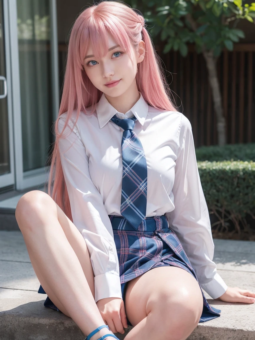 1girl, hoshino (blue archive), solo, heterochromia, pink hair, skirt, long hair, necktie, ahoge, shirt, halo, plaid skirt, blue eyes, plaid, looking at viewer, white shirt, sitting, orange eyes, chest harness, harness, long sleeves, id card, open mouth, very long hair, collared shirt, smile, blue necktie, bangs, feet out of frame, between legs, hand between legs, blush, hair between eyes, highres,masterpiece, best quality