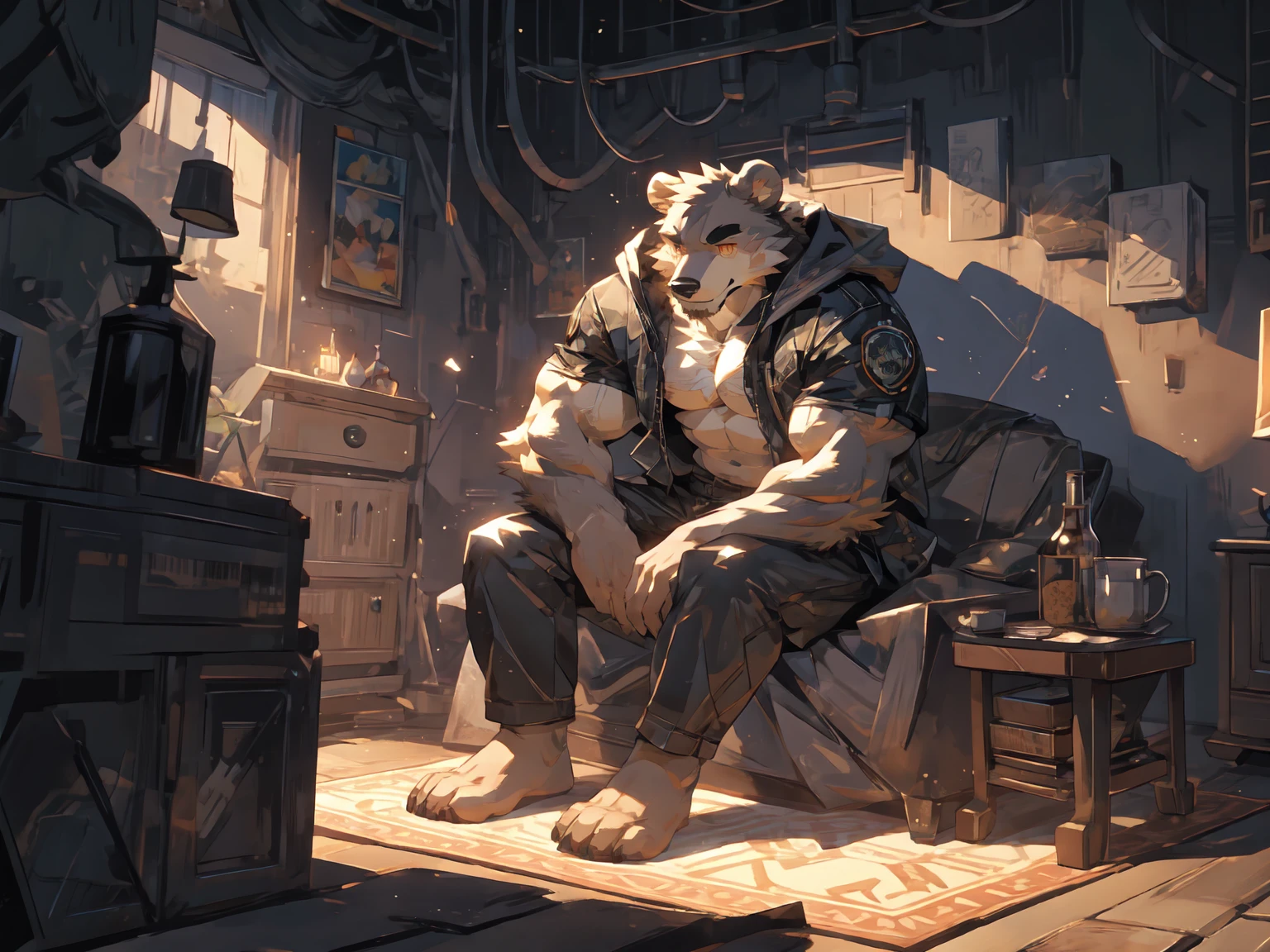 (masterpiece:1.2), best quality,pixiv,official art,perfect anatomy, (Ray tracing, light),solo, (1_male:1.3) , (muscle), (grey fur:1.4), (muscle bear), (beard:1.2), (gleaming golden eyes), bear tail, Thick black eyebrows, (open hooded parka) , (naked inside:1.2), cargo shorts, barefoot , (morden apartment: 1.3), french window, indoor , fur carpet , cushion , rest on sofa
