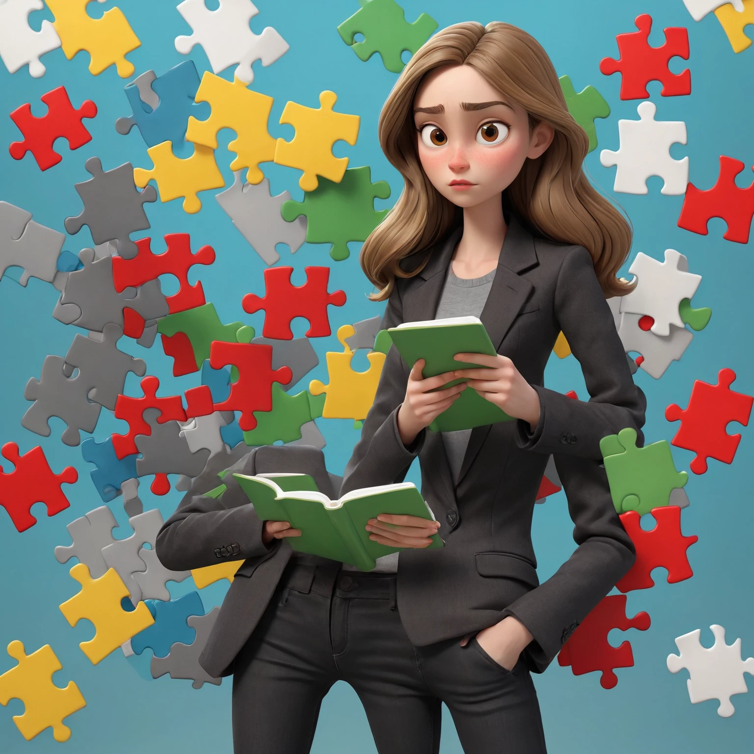 3D PIXAR STYLE POSTER. woman with fair skin, Very straight dark blonde hair , light brown eyes, black blazer, black jeans pants, gray shirt, White sneakers, notebook in hand, BACKGROUND WITH RED PUZZLE, cerulean, green and yellow.