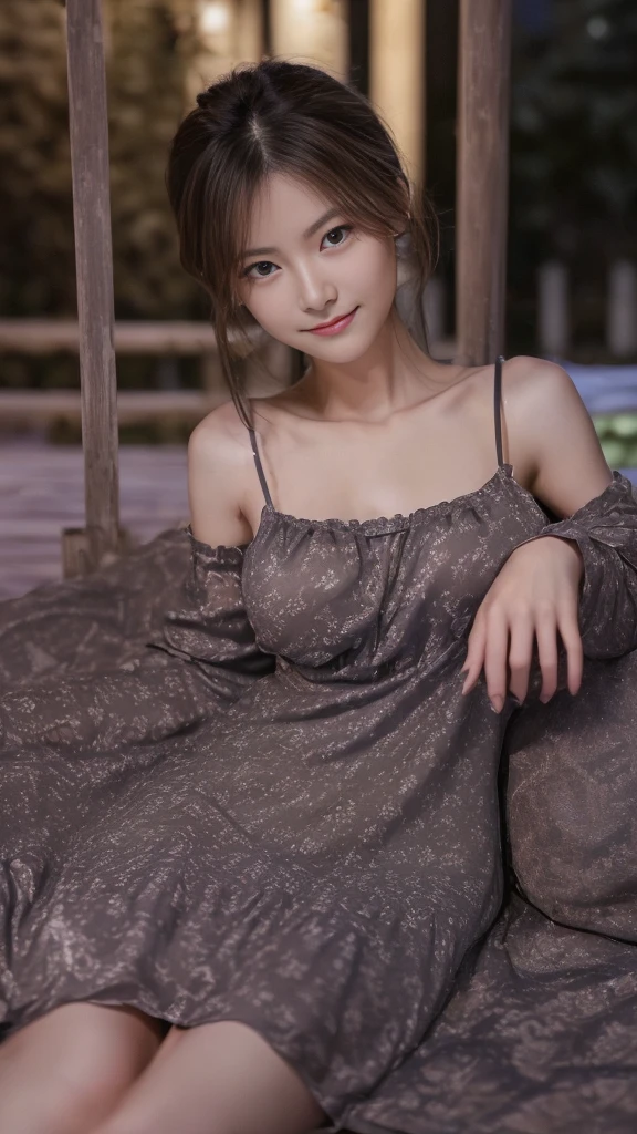 ((((masterpiece、Highest quality、High resolution、Tabletop、wallpaper、Realistic、Bright lighting、Professional Lighting、Face Light、Smooth lighting、Japanese women、Beautiful woman、action、gravure、sexly、so beautiful、Beautiful Skin、Beautiful and exquisite、Detailed face、slim、Looking into the camera))))、((Big Breasts:1.4))、((((japanese,20-years-old,One woman,outdoors,Looking into the camera,night dress:1.5)))),smile,close mouth,Five perfect, beautiful fingers on each side