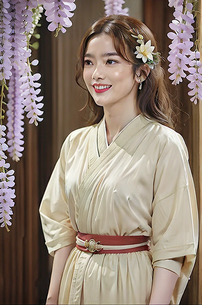 Fantasy,Draw lips correctly, Draw the area around the eyes correctly,Red lipstick, From the chest up, Highest quality, Very detailed, Realistic, Super fine skin, Perfect Anatomy, (1 日本mature的女人), (alone),Wearing Japanese clothing correctly,The type of kimono is Tomesode,Draw the collar of a kimono accurately,Draw the belt accurately,Wavy long hair,45-year-old female,Wearing large earringature,Cute Smile,Floating in the sky,Medium,Mid-chest,A wisteria flower ornament in her hair,Full Body Shot,Looking up from the ground