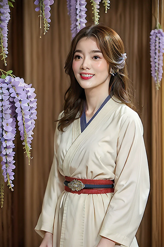 Fantasy,Draw lips correctly, Draw the area around the eyes correctly,Red lipstick, From the chest up, Highest quality, Very detailed, Realistic, Super fine skin, Perfect Anatomy, (1 日本mature的女人), (alone)，Wearing Japanese clothing correctly，The type of kimono is Tomesode,Draw the collar of a kimono accurately,Draw the belt accurately,Wavy long hair，45-year-old female，Wearing large earringature，Cute Smile，Floating in the sky，Medium，Mid-chest，A wisteria flower ornament in her hair,Full Body Shot,Looking up from the ground
