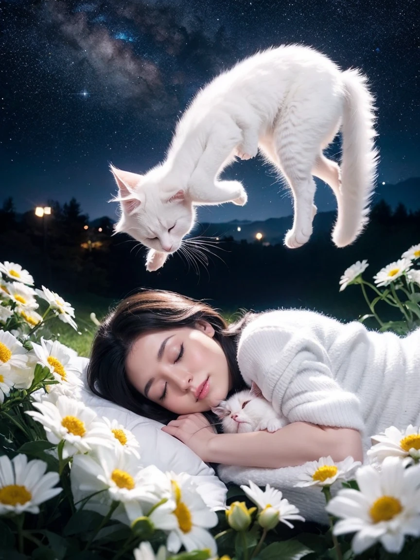 A and a fluffy white kitten, flowers, sleeping, long black hair, night, starry sky