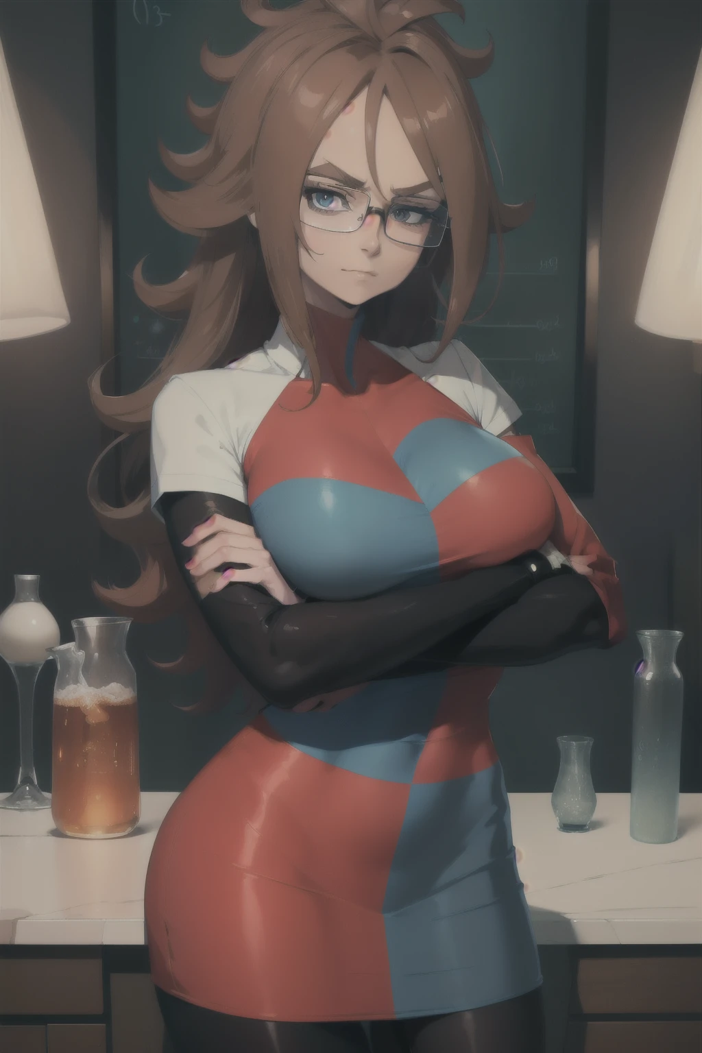 masterpiece, best quality, defa21, glasses, black pantyhose, upper body, large breasts, smirk, furrowed brow, looking at viewer, closed mouth, countertop, science, beakers, microscope, crossed arms 