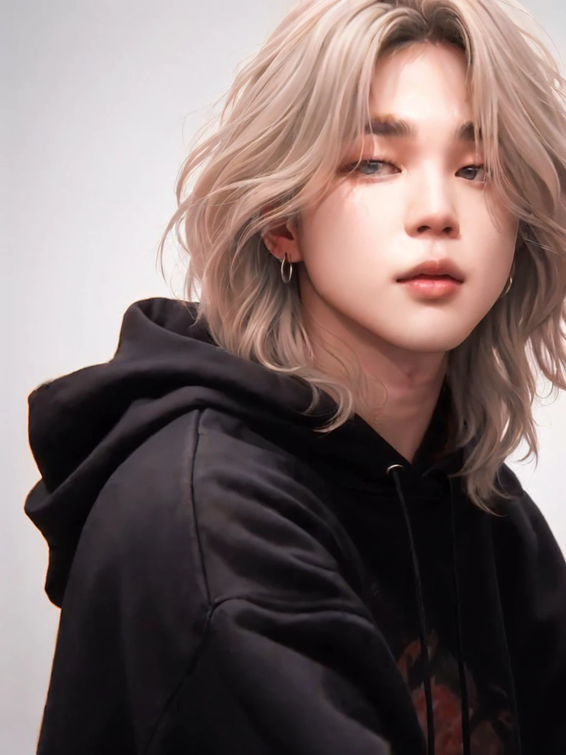 a close up of a person with a hood on, jimin bts, park jimin, 4K, white hair