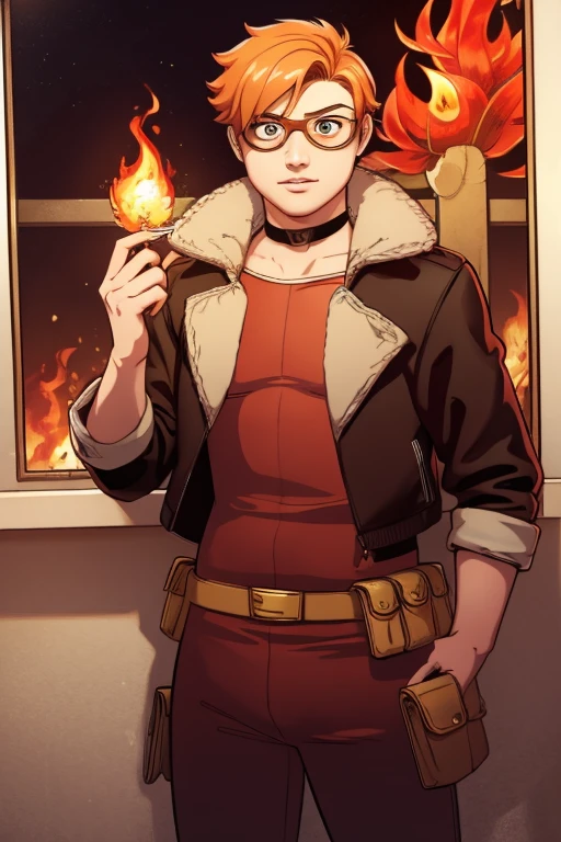 （Best quality at best，tmasterpiece），1boys，short detailed hair，flame，leafs，tarot cards，Wear goggles，Blank eyeballs，The protagonist，Red，The demons，Bust