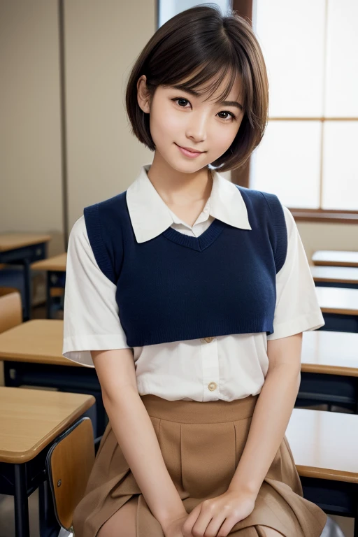 Highest quality, Face Focus, Soft Light, Ultra-high resolution, (Realistic:1.4), RAW Photos, 1 Japanese girl, alone, cute, (A shy smile:0.5), (Brown eyes, Light in your eyes), Beautiful face in every detail, (Small box),(High resolution detail of human skin texture), (Short Bob Hair), break, In the classroom,Navy uniform, Best, skirt