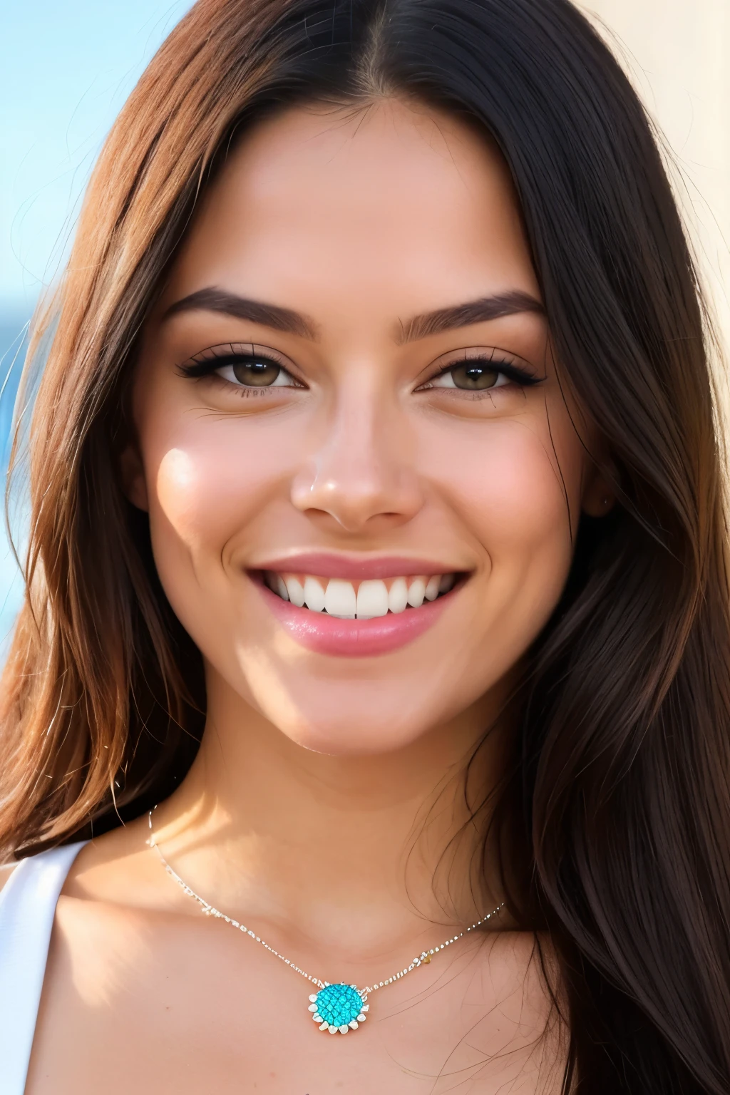Photorealistic, ultra-detailed, High-resolution Photo, Frontal Portrait, Stunning Lady, Radiant Smile with White Teeth (1.3), Honey-colored Eyes, Luscious Long Straight Black Hair, Realistic, Looking Directly into the Camera, Professional Quality, Seed: 82916586825371460, Aspect Ratio: 3:4, Interpolation Width: 0.7
