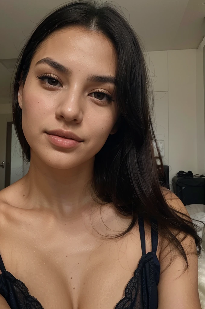 a magnificent young woman in her twenties, with Latino features. She has long, straight black hair that falls loosely over her shoulders. Her face has soft and balanced contours. She has large, well-defined dark brown eyes with long, thick eyelashes and well-arched black eyebrows. His nose is straight and slightly refined, proportionate to his face. Her lips are full and defined, with a natural color, and they are closed, contributing to her neutral expression. Her skin is matte, smooth and without visible imperfections. She takes an overhead selfie with an iPhone camera. She is in blue transparent lingerie