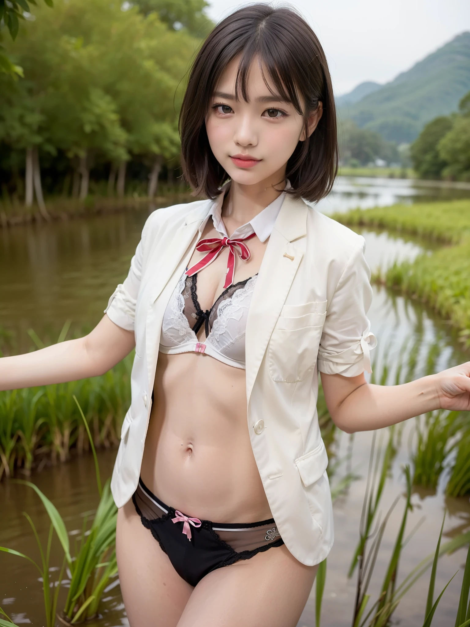 ((Best of the highest quality, 8k, Masterpiece, raw photo: 1.2)), (Sharp focus: 1.2), (1 AESPA, slim body type female, 21 y/o: 1.1), (solo: 1.28), (realistic, photo-realistic:1.37), face focus, cute face, finely eyes, (droopy eyes: 1.32), (Emphasize prominent aegyo-sal with bright: 1.2), shimmering eyeshadow applied under the lower lash line, paired with thick, (small breasts, flat chest, Thigh: 1.3), (short messy hair: 1.28), (school uniform blazer, ribbon, black bra, panties: 1.32), walking in river, (rice field, paddy field: 1.1), flower, (from below: 1.18)