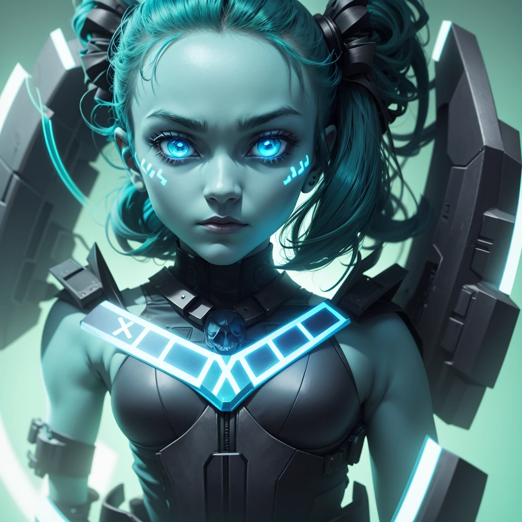 Blue led glowing skull, with a letter X on her forehead ,IN ANIME FORM,8k, with green background Pantone 354C, without any other detail on the background, just green Pantone 354C.