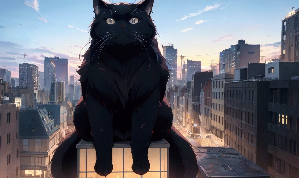 score_9,(best quality,4k,8k,highres,masterpiece:1.2),a ultra-gigantic cat sits on a building, crowd, city, from below, pov, cinematic angle, anime, ultra-detailed,vivid colors,dramatic lighting,