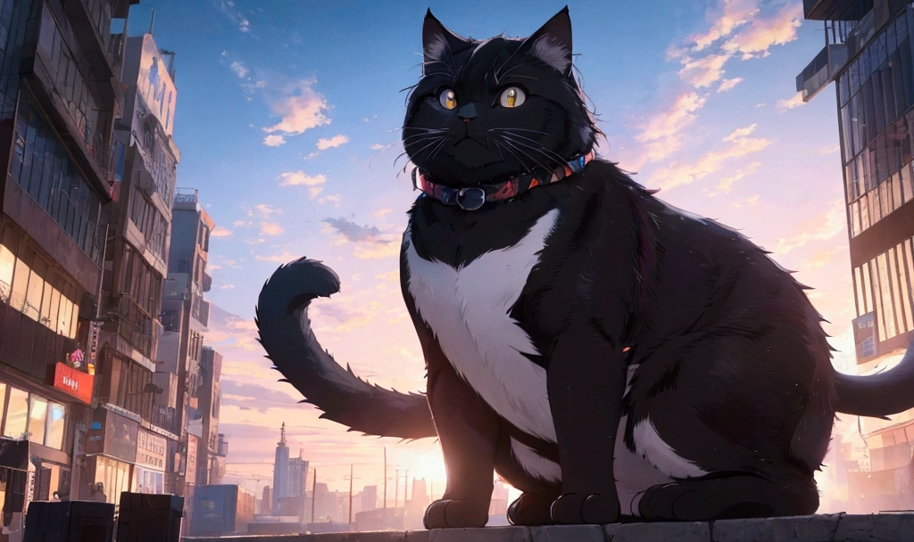 score_9,(best quality,4k,8k,highres,masterpiece:1.2),a ultra-gigantic cat sits on a building, crowd, city, from below, pov, cinematic angle, anime, ultra-detailed,vivid colors,dramatic lighting,