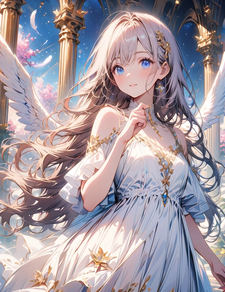 (best quality:1.2),(hands finger 5 digits:1.3),(extremely delicate and beautiful:1.3),(detailed ultra detailed:1.2),(scenery clear details:1.2),(scenery crystal clear :1.2),(solo),(blue eyes),(long white long hair),(white dress),(angel wings),(floating white feathers,starry sky),(clusters of stars,starry sky),(glinting stars),(solo),(long silver long hair),(best quality:1.2),(hands finger 5 digits:1.3),(extremely delicate and beautiful:1.3),(detailed ultra detailed:1.2),(scenery clear details:1.2),