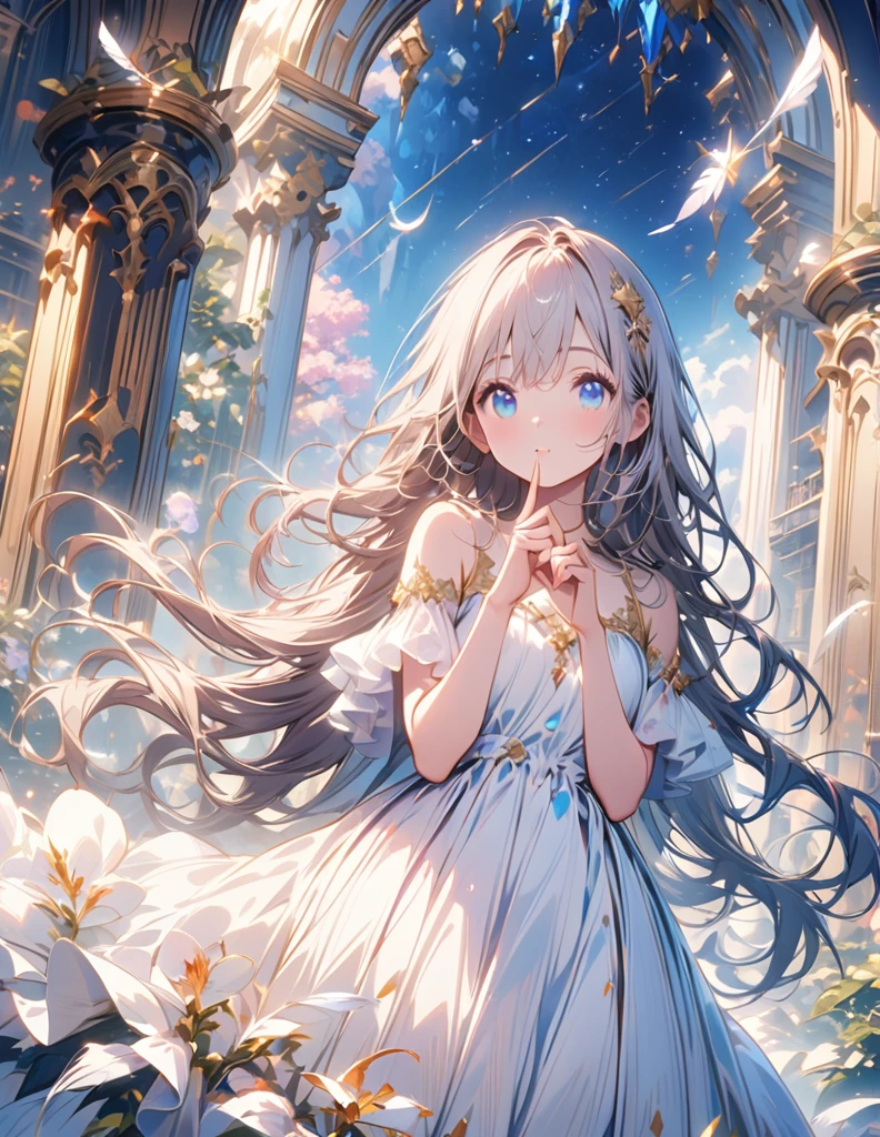(best quality:1.2),(hands finger 5 digits:1.3),(extremely delicate and beautiful:1.3),(detailed ultra detailed:1.2),(scenery clear details:1.2),(scenery crystal clear :1.2),(solo),(blue eyes),(long white long hair),(white dress),(angel wings),(floating white feathers,starry sky),(clusters of stars,starry sky),(glinting stars),(solo),(long silver long hair),(best quality:1.2),(hands finger 5 digits:1.3),(extremely delicate and beautiful:1.3),(detailed ultra detailed:1.2),(scenery clear details:1.2),