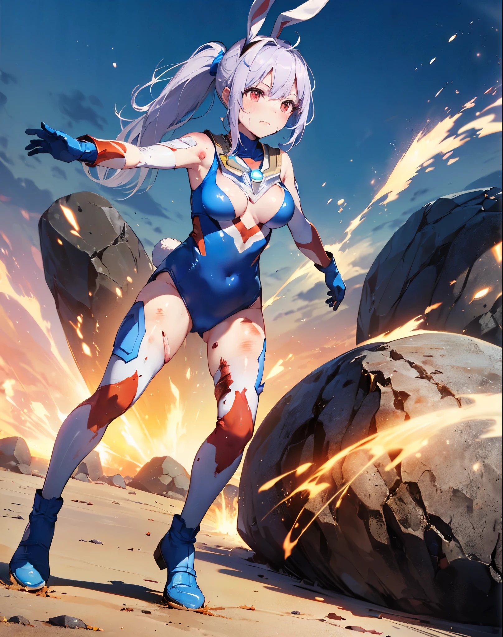 Realistic,Highest quality, Ultra Detail, High-quality CG rendering, The most delicate and beautiful, Floating softly, High resolution, (1 giant girl), (Highest quality,4K,8k,masterpiece:1.2), Light purple hair,(Bunny ears:1.5),(Very long ponytail:1.5),Red eyes,(Ultra Girl:1.0),(All blue Ultraman bodysuit:1.5),(All blue gloves:1.5),(Blue shoes:1.5),(Do not expose your skin:1.6),(Slightly larger breasts:1.2),(whole body:1.3),(Are standing:1.3),(Plain surrounded by rocks:1.3),(Brown sandy ground:1.3),(Fighting Pose:1.3),(sweating:1.3),(Wounded:1.3),(Brown mud stains:1.3),(front:1.4)