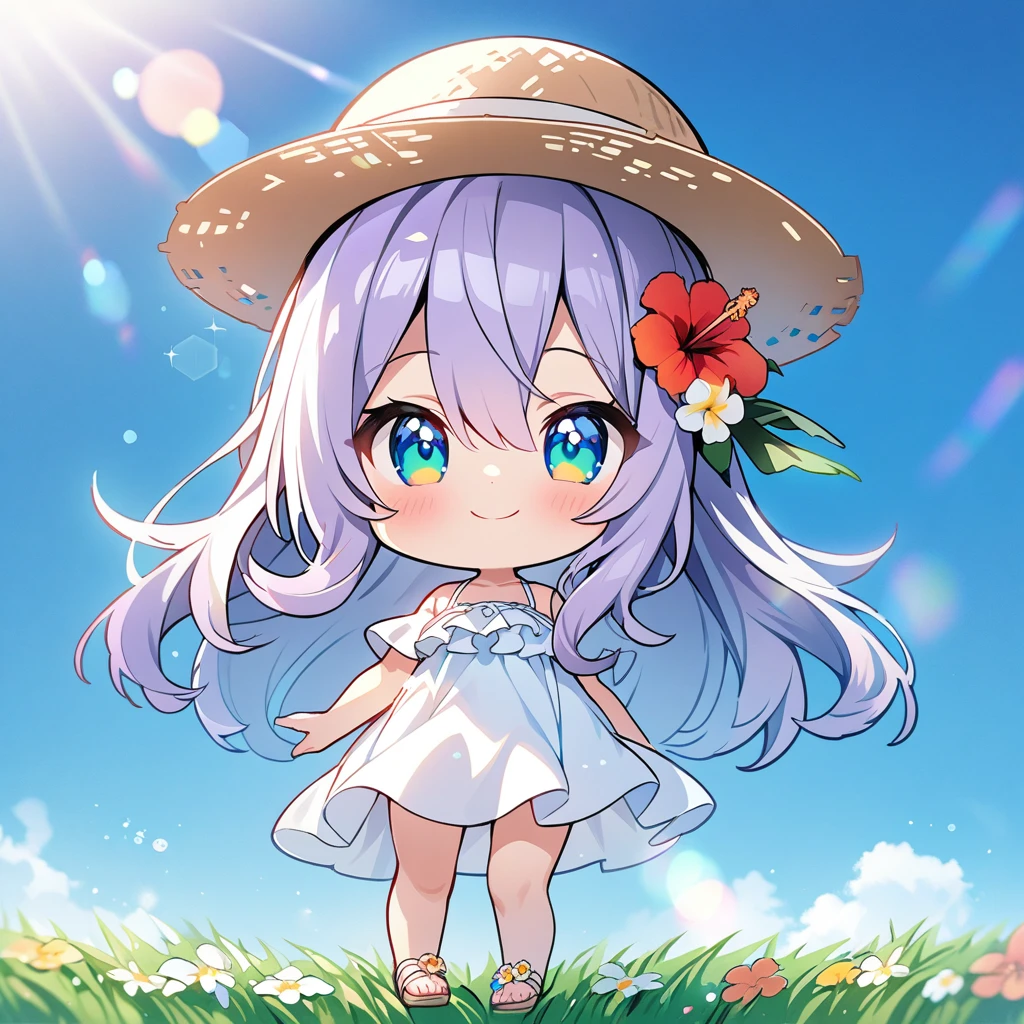 masterpiece, best quality, 4k、2D illustration, one beautiful girl, solo、(((chibi style)))、((vivid colors))、cute chibi, lovely chibi、((colorful))、((long beautiful hair)), glossy light purple hair, hair between eyes, cute, beautifully detailed eyes、((white summer dress))、((straw hat))、hibiscus hair ornament, flip-flops, ((happy smile))、((full body shot))、((summer grasslands))、((pretty flowers)), ((gentle breeze))、((blue sky))、sunbeam, white light, ((lens flare)), ((high color saturation)),