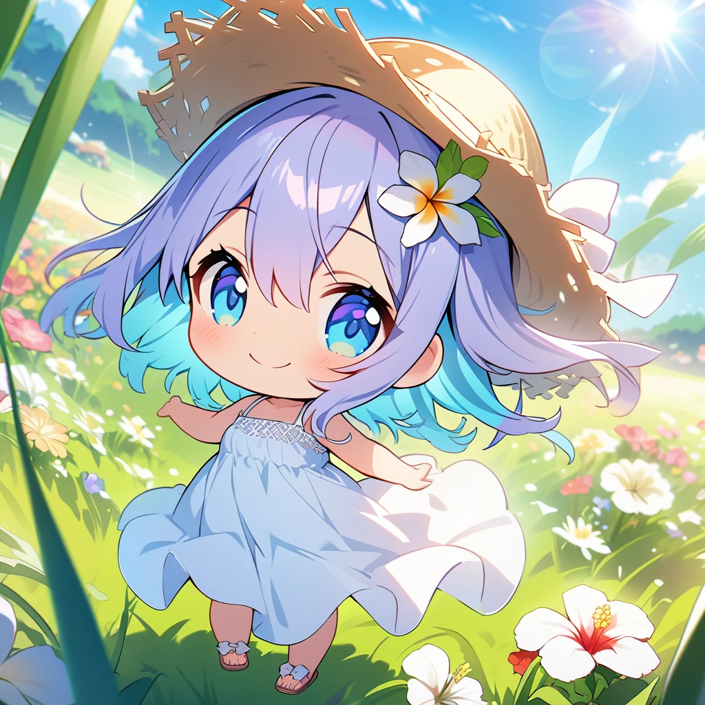 masterpiece, best quality, 4k、2D illustration, one beautiful girl, solo、(((chibi style)))、((vivid colors))、cute chibi, lovely chibi、((colorful))、((long beautiful hair)), glossy light purple hair, hair between eyes, cute, beautifully detailed eyes、((white summer dress))、((straw hat))、hibiscus hair ornament, flip-flops, ((happy smile))、((full body shot))、((summer grasslands))、((pretty flowers)), ((gentle breeze))、((blue sky))、sunbeam, white light, ((lens flare)), ((high color saturation)),