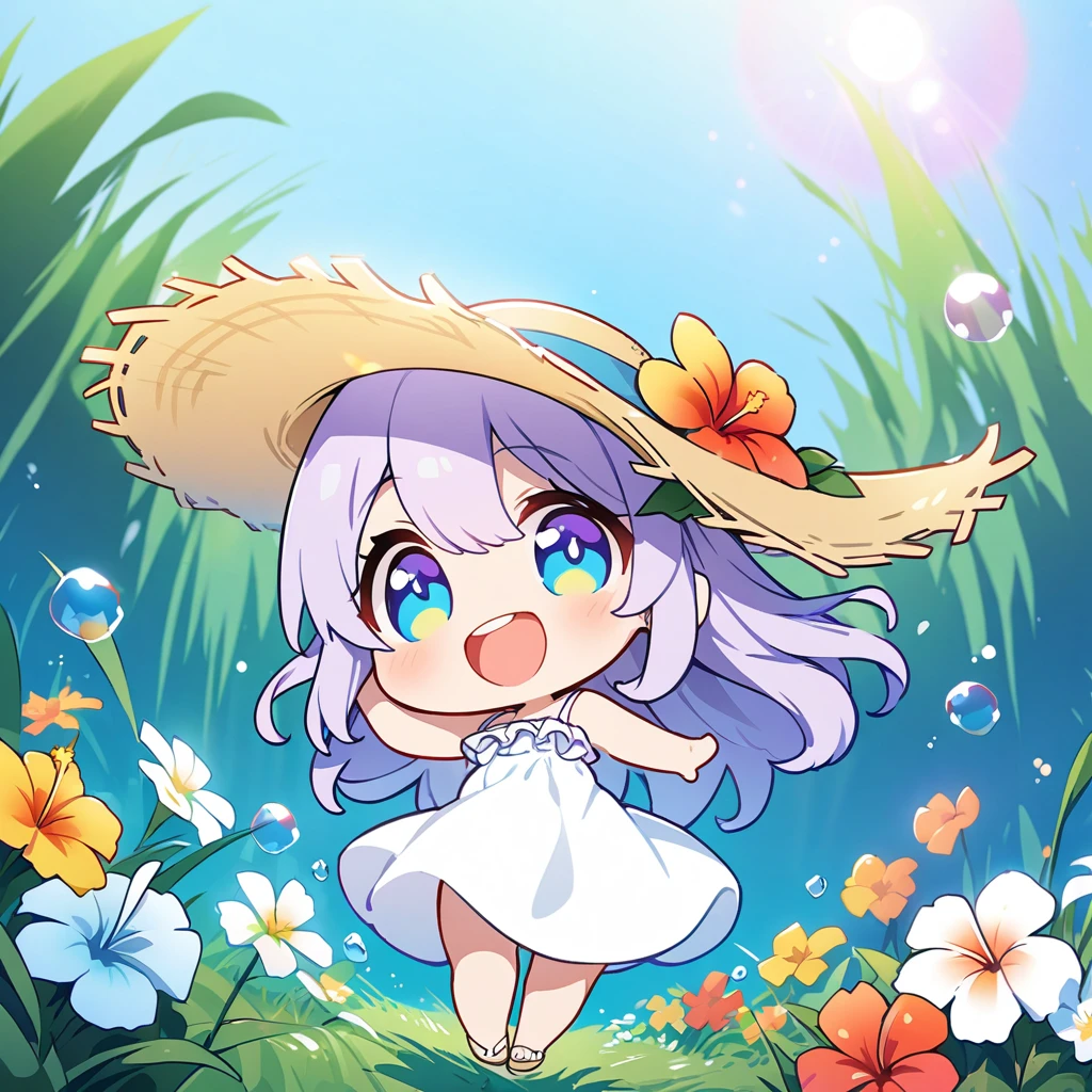 masterpiece, best quality, 4k、2D illustration, one beautiful girl, solo、(((chibi style)))、((vivid colors))、cute chibi, lovely chibi、((colorful))、((long beautiful hair)), glossy light purple hair, hair between eyes, cute, beautifully detailed eyes、((white summer dress))、((straw hat))、hibiscus hair ornament, flip-flops, ((happy smile))、((full body shot))、((summer grasslands))、((pretty flowers)), ((gentle breeze))、((blue sky))、sunbeam, white light, ((lens flare)), ((high color saturation)),
