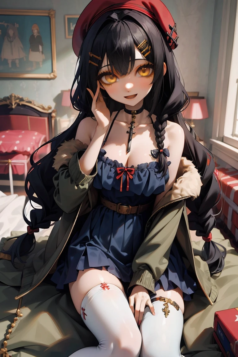 (masterpiece:1.2), (high quality:1.2), girls with((1girl, solo, black hair, yellow eyes, smiling, (wavy long hair, wearing a red beret, hairclips, braids:1.45), bare shoulder, blush, breasts, choker, cleavage, coat, cowboy shot, long dress, blue lace dress, camisole, ribbon waist belt, black ribbon belt, red bow, red ribbon, neck ribbon, collar, collarbone, rosary, rosary choker, cross, fur, fur trim, parka, khaki hoodie, green hoodie, khaki jacket, hood down, hooded coat, hooded jacket, hoodie, jacket, large breasts, long sleeves, medium breasts, open clothes, open coat,open hoodie, sleeveless, winter clothes, zipper, cleavage, upper body, hand up, waving, palm, white thighhighs, single thighhigh, exposed legs, exposed foots, left thighhigh, solo, legs, high heels, sittings)), background with((bedroom, room:2.0))