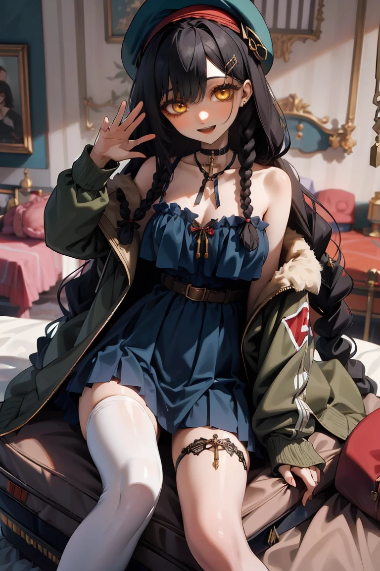 (masterpiece:1.2), (high quality:1.2), girls with((1girl, solo, black hair, yellow eyes, smiling, (wavy long hair, wearing a red beret, hairclips, braids:1.45), bare shoulder, blush, breasts, choker, cleavage, coat, cowboy shot, long dress, blue lace dress, camisole, ribbon waist belt, black ribbon belt, red bow, red ribbon, neck ribbon, collar, collarbone, rosary, rosary choker, cross, fur, fur trim, parka, khaki hoodie, green hoodie, khaki jacket, hood down, hooded coat, hooded jacket, hoodie, jacket, large breasts, long sleeves, medium breasts, open clothes, open coat,open hoodie, sleeveless, winter clothes, zipper, cleavage, upper body, hand up, waving, palm, white thighhighs, single thighhigh, exposed legs, exposed foots, left thighhigh, solo, legs, high heels, sittings)), background with((bedroom, room:2.0))