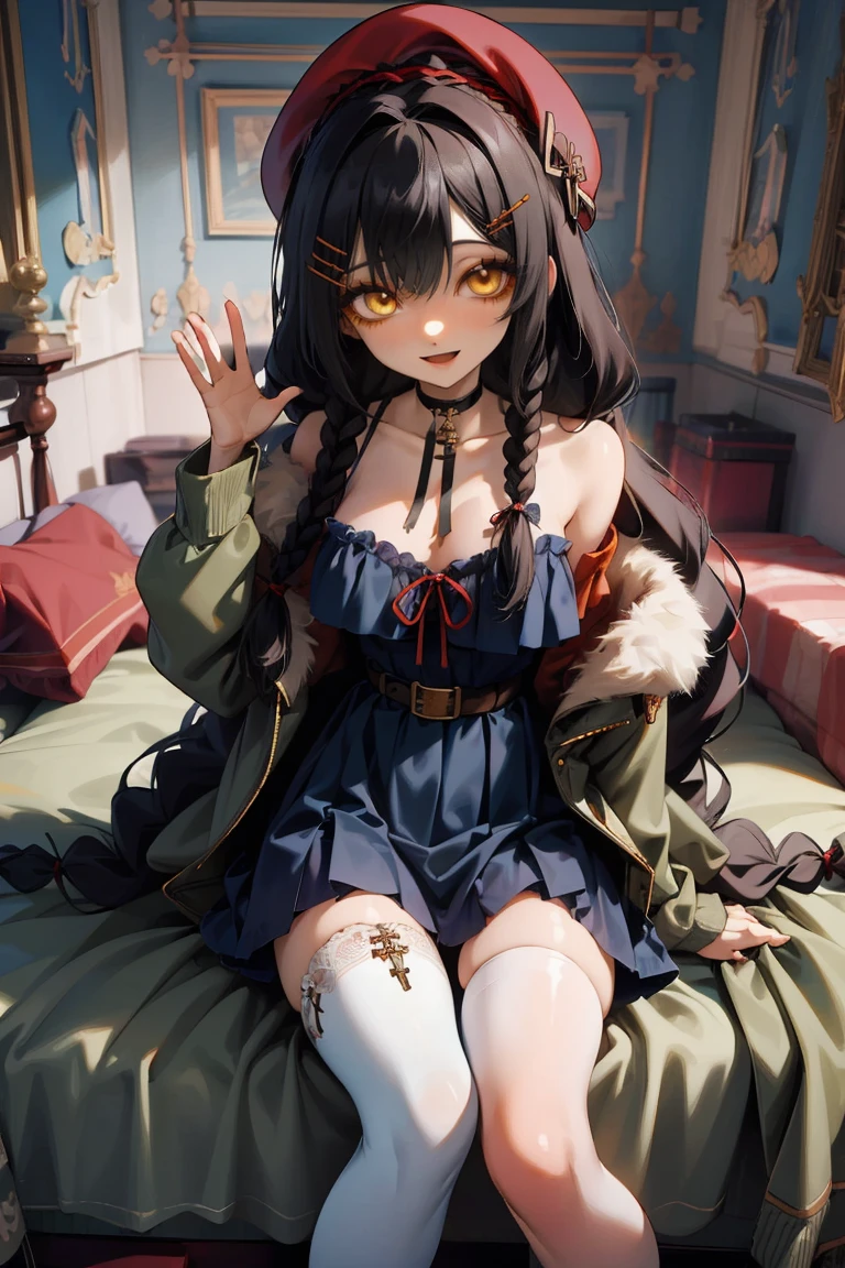 (masterpiece:1.2), (high quality:1.2), girls with((1girl, solo, black hair, yellow eyes, smiling, (wavy long hair, wearing a red beret, hairclips, braids:1.45), bare shoulder, blush, breasts, choker, cleavage, coat, cowboy shot, long dress, blue lace dress, camisole, ribbon waist belt, black ribbon belt, red bow, red ribbon, neck ribbon, collar, collarbone, rosary, rosary choker, cross, fur, fur trim, parka, khaki hoodie, green hoodie, khaki jacket, hood down, hooded coat, hooded jacket, hoodie, jacket, large breasts, long sleeves, medium breasts, open clothes, open coat,open hoodie, sleeveless, winter clothes, zipper, cleavage, upper body, hand up, waving, palm, white thighhighs, single thighhigh, exposed legs, exposed foots, left thighhigh, solo, legs, high heels, sittings)), background with((bedroom, room:2.0))