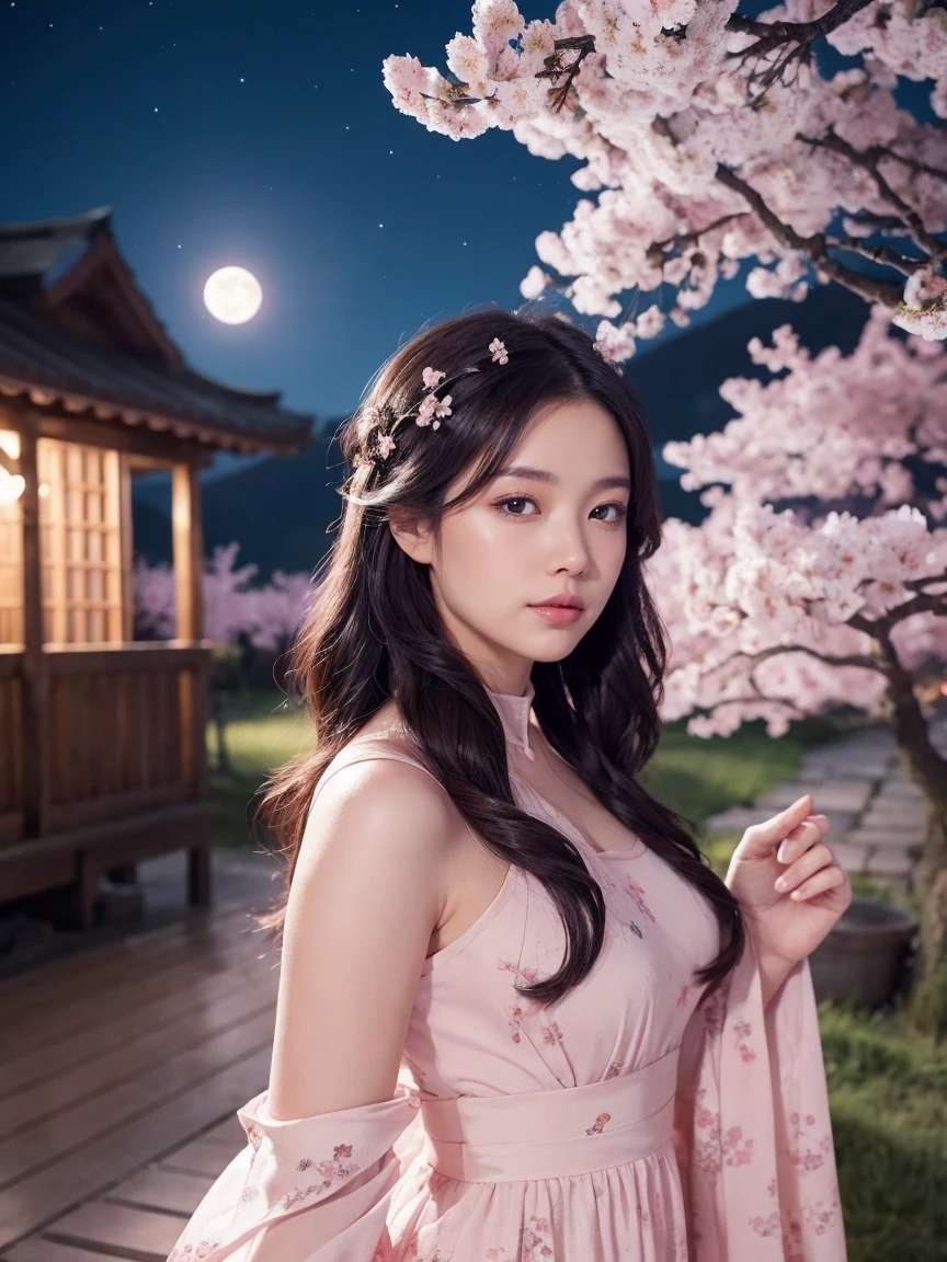 masterpiece, best quality, night, mountain, full moon, long black hair, woman, firefly, stars, mysterious cherry blossom tree, pink leaves, high quality, beautiful graphics, high detail