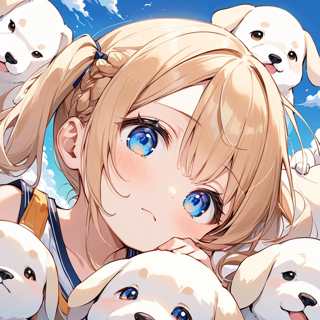 Highest quality、High resolution、Detailed Background、Beautiful face in every detail、Anatomically correct、Detailed facial expressions、fine grain、((full body, from below, side view, looking away:1.2)), ((One Girl))、Chibi Girl、Cute hair color、Big beautiful blue eyes、Braided twin tails、 (Tank top、Vneck、mini skirt、Cute Shoes)、break I'm a little scared、I have a lot of tears in my eyes、An expression that looks like it's about to cry、grassland、((Lying face down、Rest your chin on your hands and bend your knees))、break ((A giant white puppy))、(少女と犬が並んでgrasslandに寝そべっている)、Putting his hand on the girl