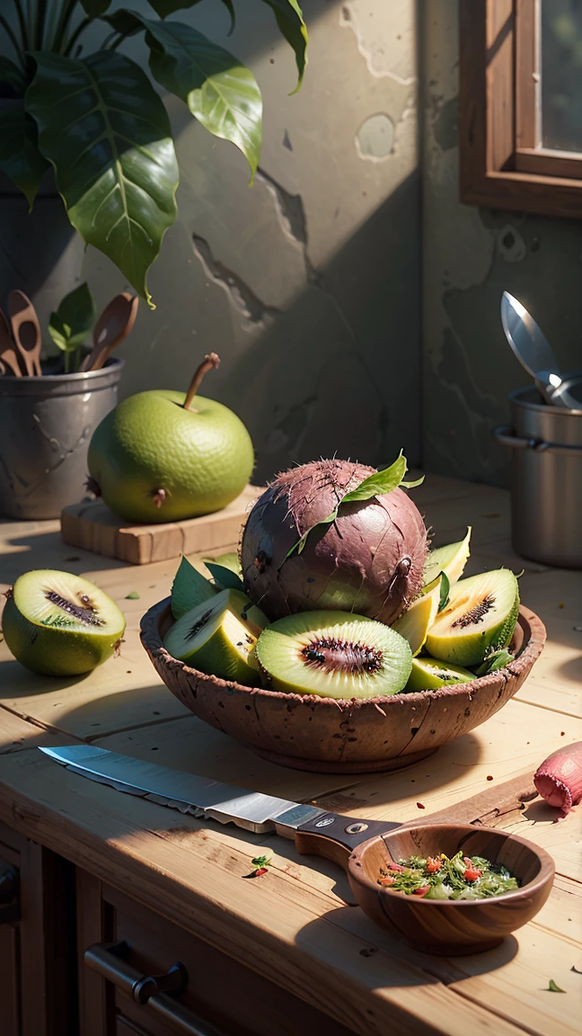 A whole Kiwi with textured skin, green leaves, on kitchen counter, knife beside, ready to cut, hyper realistic, 8k, ultra-detailed, vivid colors, studio lighting, physically-based rendering, professional photography