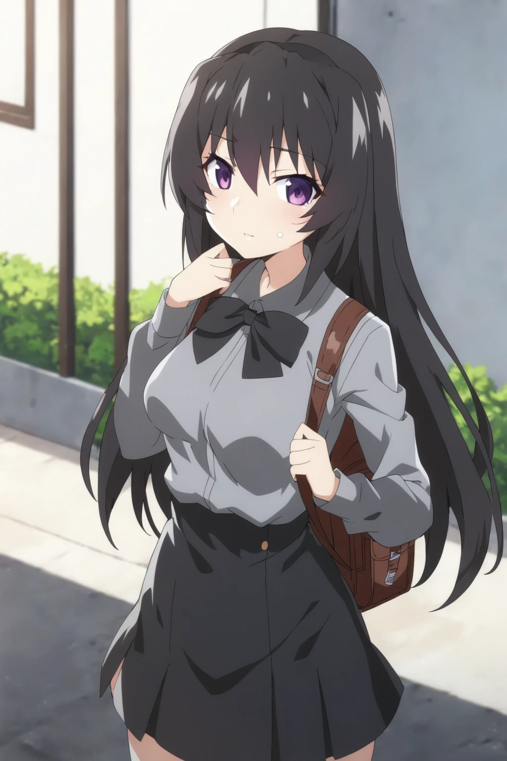 anime girl with a backpack and a mask on her face, purple eyes, anime moe artstyle, cute anime waifu in a nice dress, anime visual of a cute girl, beautiful anime high school girl, gray shirt, short skirt, anime girl with long hair, long straight hair, high quality anime artstyle, from girls frontline, anime style 4k, mature anime girl, anime girl wearing a black dress, kantai collection style,black shiny hair, normal breast