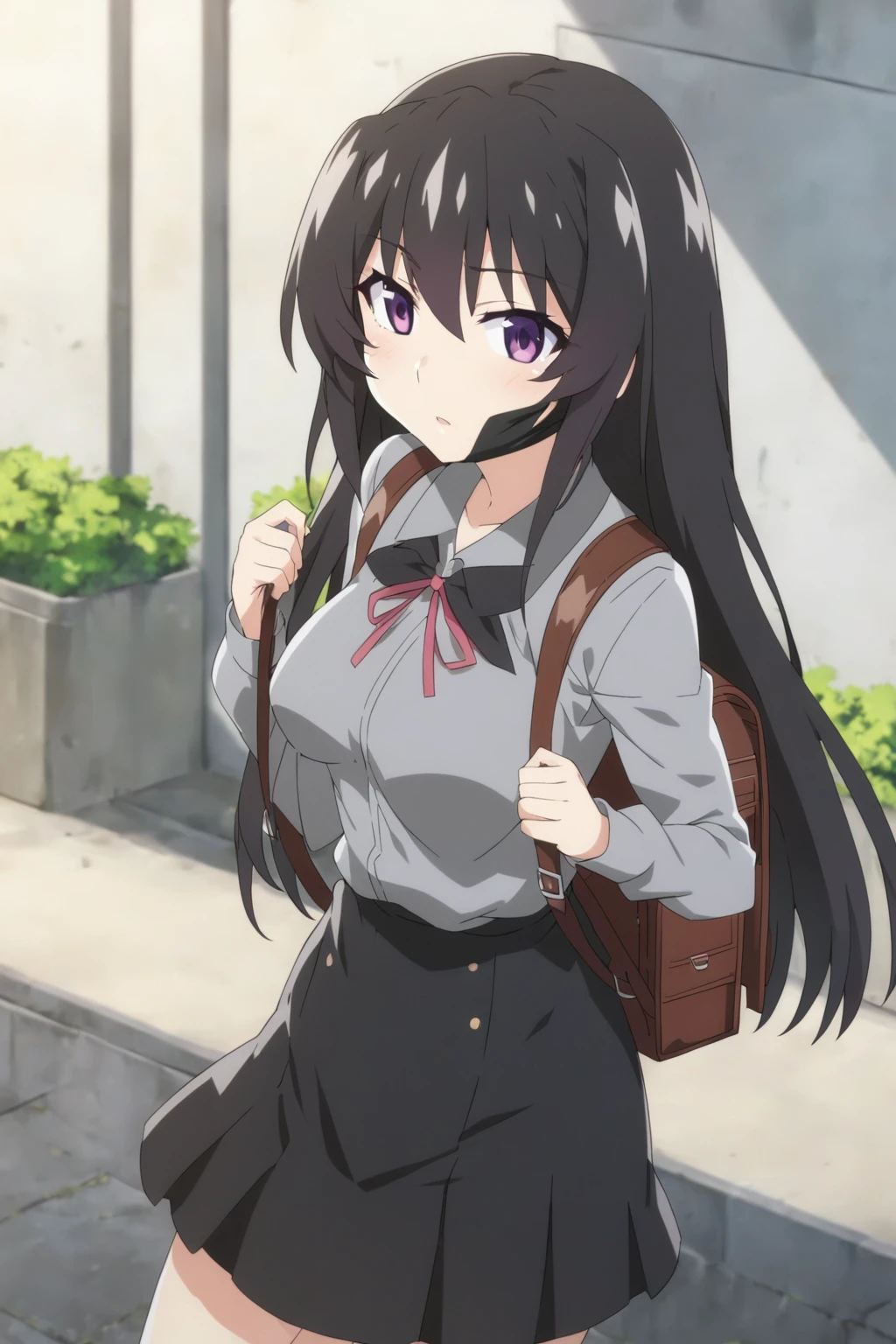 anime girl with a backpack and a mask on her face, purple eyes, anime moe artstyle, cute anime waifu in a nice dress, anime visual of a cute girl, beautiful anime high school girl, gray shirt, short skirt, anime girl with long hair, long straight hair, high quality anime artstyle, from girls frontline, anime style 4k, mature anime girl, anime girl wearing a black dress, kantai collection style,black shiny hair, normal breast