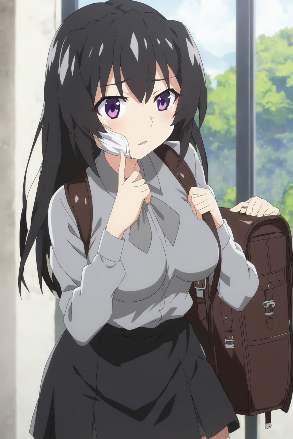 anime girl with a backpack and a mask on her face, purple eyes, anime moe artstyle, cute anime waifu in a nice dress, anime visual of a cute girl, beautiful anime high school girl, gray shirt, short skirt, anime girl with long hair, long straight hair, high quality anime artstyle, from girls frontline, anime style 4k, mature anime girl, anime girl wearing a black dress, kantai collection style,black shiny hair, normal breast