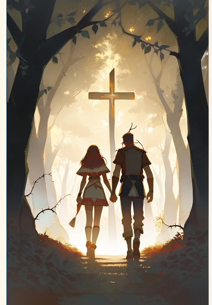 A man and a woman walking through the forest holding hands, Adam and Eve, wear primitive tribesmen, Animal skins, The Fall of Man, surrounded by thorns,artistic concept for a book cover