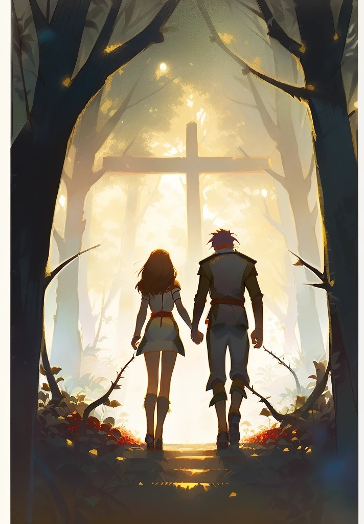 A man and a woman walking through the forest holding hands, Adam and Eve, wear primitive tribesmen, Animal skins, The Fall of Man, surrounded by thorns,artistic concept for a book cover