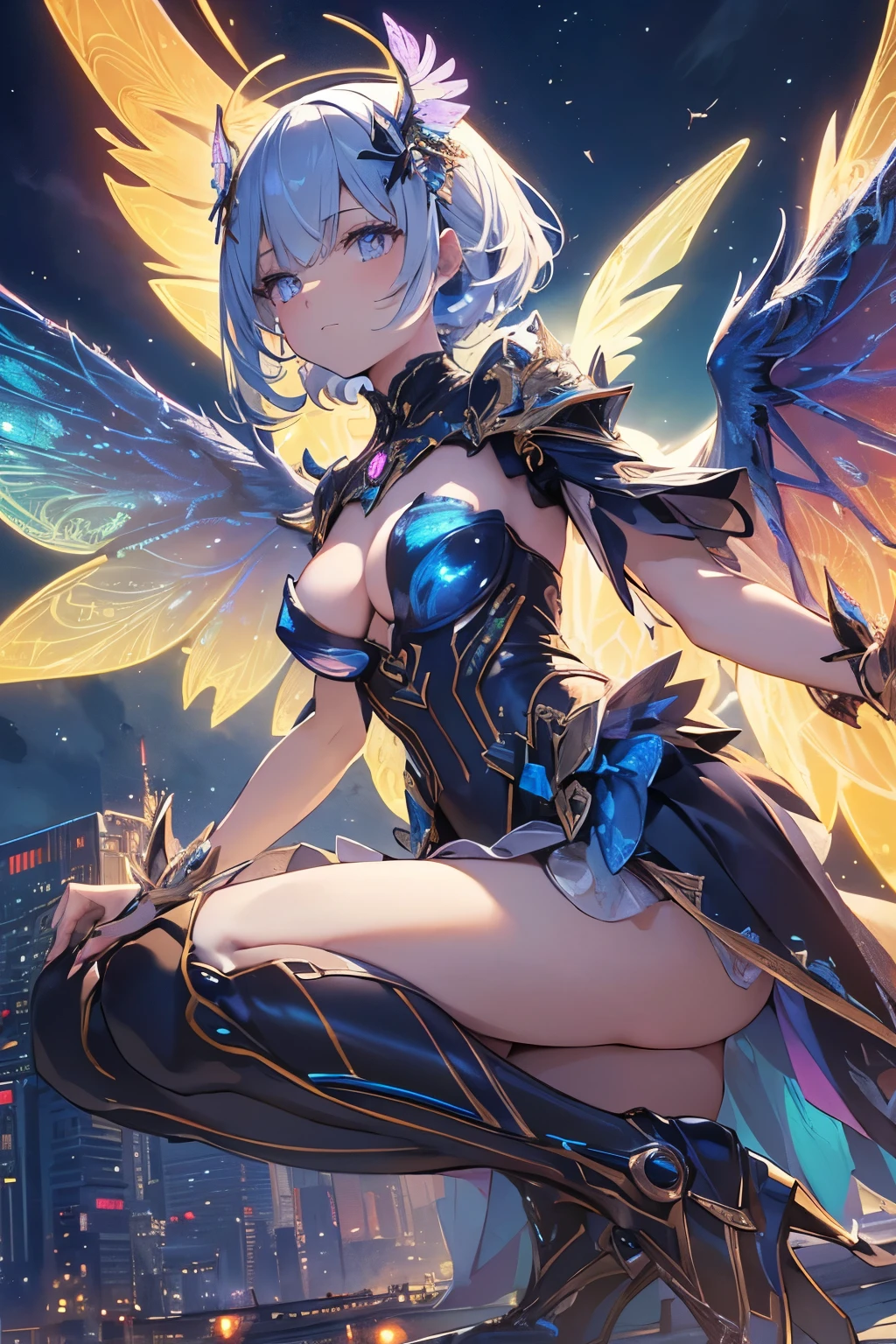 (best quality, masterpiece, colorful, dynamic angle, from below, highest detailed)upper body photo, full body photo, fashion photography of cute mechangel, glowing 4 wings, solo, glowing armor, glowing halo, building, glowing mechanical 4 wings (intricate details, hyperdetailed:1.15), detailed, light passing through hair, (official art, extreme detailed, highest detailed), HDR+