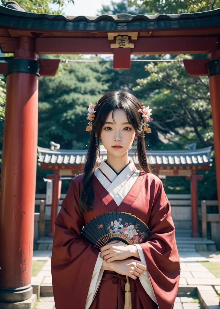 Diffuse lighting、 Highest quality, High resolution, unity 8k wallpaper、Supersaturation, Colorful, 8k解像度, 1 female、Japanese、23 years old、Close-up portrait、Wearing a red nightgown，whole body、真night中、Lying on a bed covered with flower petals、Japanese Shrines、The area is pitch dark、night、full moon、moonlight、Fantasy、mysterious、Standing in front of the red torii gate、Woman with a Fan, onmyoji, onmyoji detailed art, onmyoji portrait,  4K, 8k,  Vibrant, Splash Art , Onmyoji、Spirit medium、
