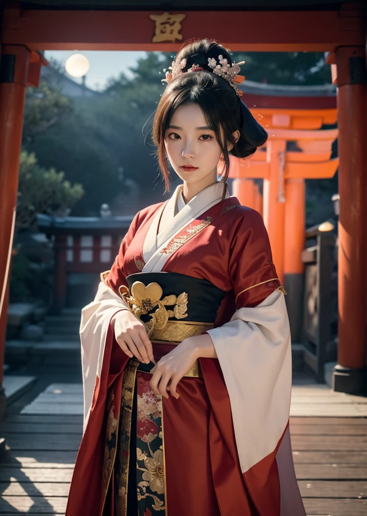 Diffuse lighting、 Highest quality, High resolution, unity 8k wallpaper、Supersaturation, Colorful, 8k解像度, 1 female、Japanese、23 years old、Close-up portrait、Wearing a red nightgown,whole body、真night中、Lying on a bed covered with flower petals、Japanese Shrines、The area is pitch dark、night、full moon、moonlight、Fantasy、mysterious、Standing in front of the red torii gate、Woman with a Fan, onmyoji, onmyoji detailed art, onmyoji portrait, 4K, 8k, Vibrant, Splash Art , Onmyoji、Spirit medium、