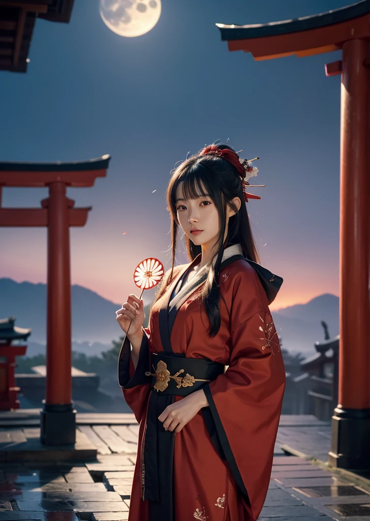 Diffuse lighting、 Highest quality, High resolution, unity 8k wallpaper、Supersaturation, Colorful, 8k解像度, 1 female、Japanese、23 years old、Close-up portrait、Wearing a red nightgown，whole body、真night中、Lying on a bed covered with flower petals、Japanese Shrines、The area is pitch dark、night、full moon、moonlight、Fantasy、mysterious、Standing in front of the red torii gate、Woman with a Fan, onmyoji, onmyoji detailed art, onmyoji portrait,  4K, 8k,  Vibrant, Splash Art , Onmyoji、Spirit medium、

