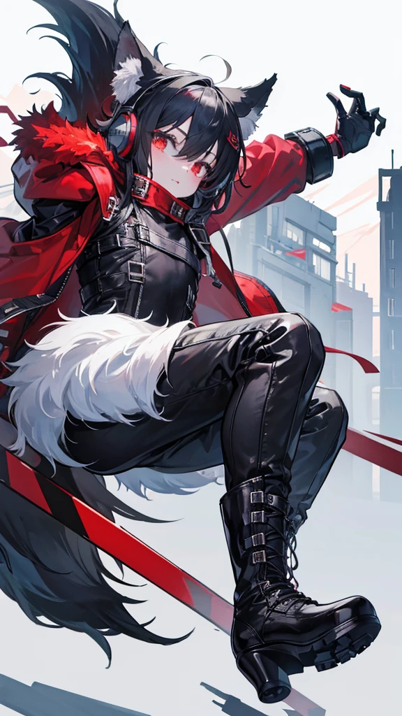 Winter city,whole body,shortness of breath,Beastman,shota,Wolf,headphone,Long Parka,pants,Black combat boots,Stiletto heels with red soles,Running,Character portrait, High resolution,