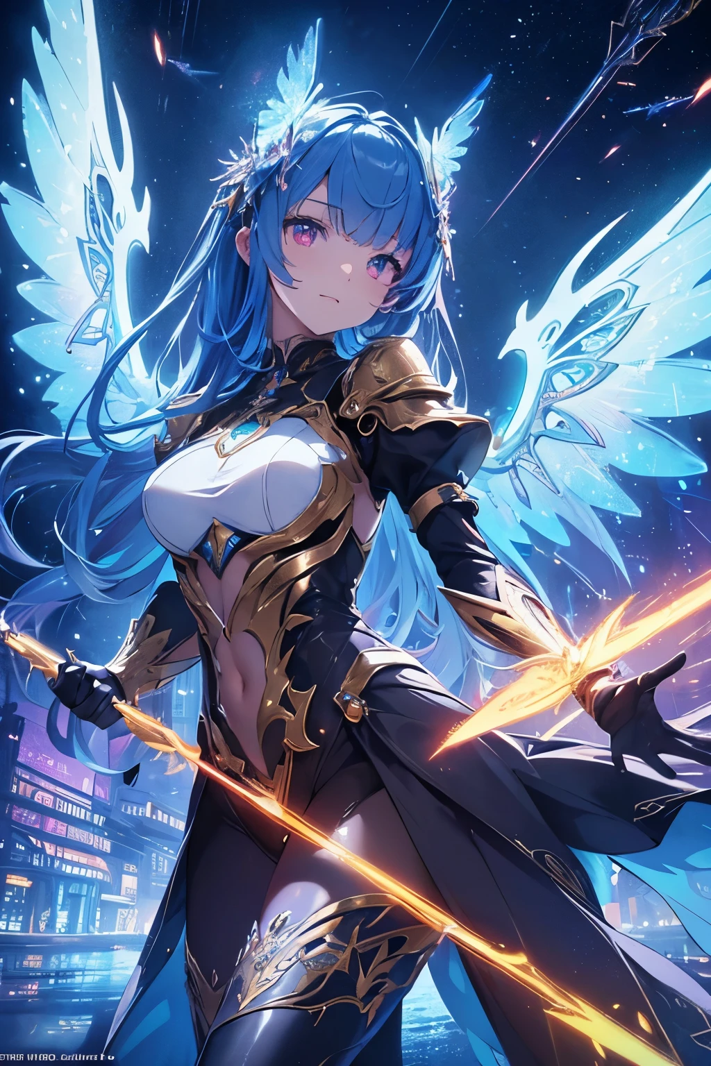 (best quality, masterpiece, colorful, dynamic angle, from below, highest detailed)upper body photo, full body photo, fashion photography of cute mechangel, glowing 4 wings, solo, glowing armor, glowing halo, building, glowing mechanical 4 wings (intricate details, hyperdetailed:1.15), detailed, light passing through hair, (official art, extreme detailed, highest detailed), HDR+