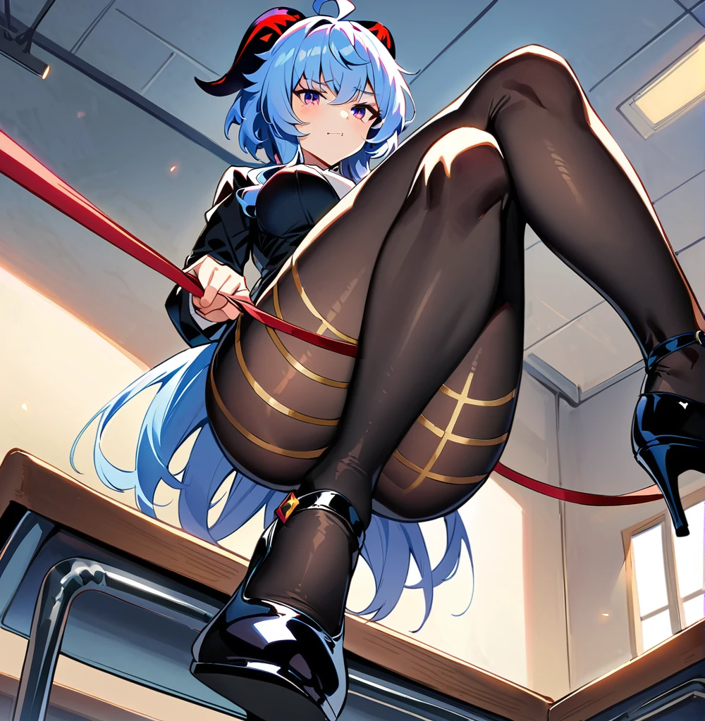Ganyu,sitting on desk, sitting on desk,fullbody,crossed legs, large breasts,hold leash in hand, looking at viewer,mockng view,high res,high quality, masterpiece ,black tight black skirt, white shirt, black jacket,black heels, black pantyhose , pantyhose with golden lines, classroom,sfw,hold keash in hand, cold look, dominating look,look from below, acting like mistress ,carrying leash, golden lines on her pantyhose,ganyu pantyhose, evil smirk,rape expression, serious expression