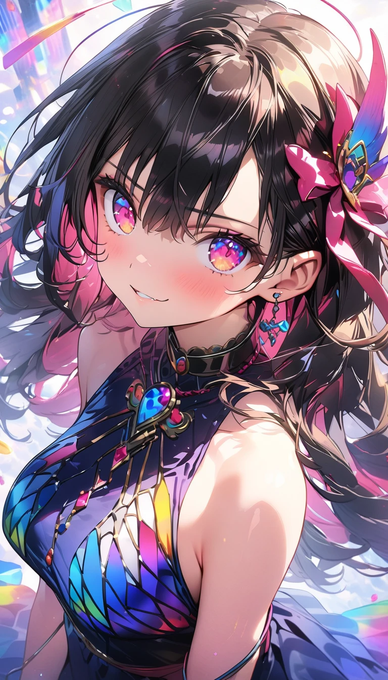 (Best quality, 8k, 32k, Masterpiece, UHD,:1.2),RAW, 1girl ,ultra cute , natural lighting,transparent shining eyes, 20yo,medium breast ,fair complexion ,flushed face,dynamic Lighting,​stained glass art, colored glass, Lead wire, Light transmittance BREAK Vibrant colors, intricate design, luminous effect, Spiritual atmosphere