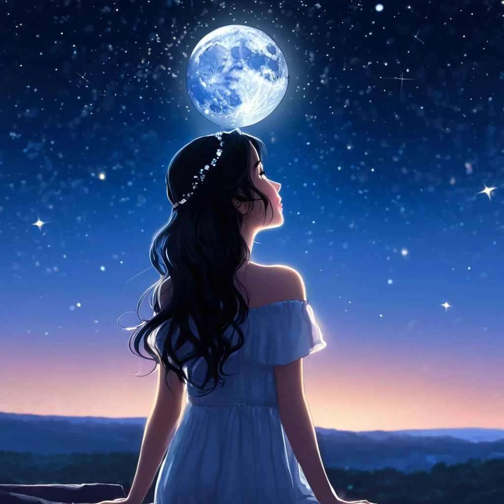 universe (sky), girl in the center, con brillo estrellas en el sky, evening, 1 black hair girl with crown,evening sky, Alone, outdoor,, wide, looking at the moon in profile,moon