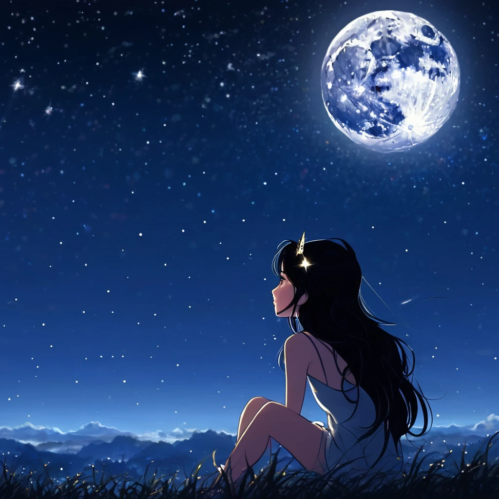 universe (sky), girl in the center, con brillo estrellas en el sky, evening, 1 black hair girl with crown,evening sky, Alone, outdoor,, wide, looking at the moon in profile,moon