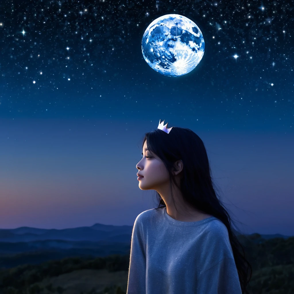 universe (sky), girl in the center, con brillo estrellas en el sky, evening, 1 black hair girl with crown,evening sky, Alone, outdoor,, wide, looking at the moon in profile,moon