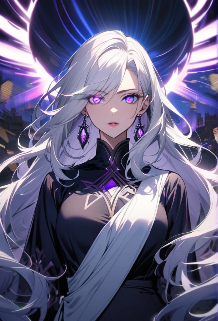 woman, blue eyes, long hair, white hair, mature, god eyes, diamond earings, glowing right eyes, two colors eyes, purple eyes