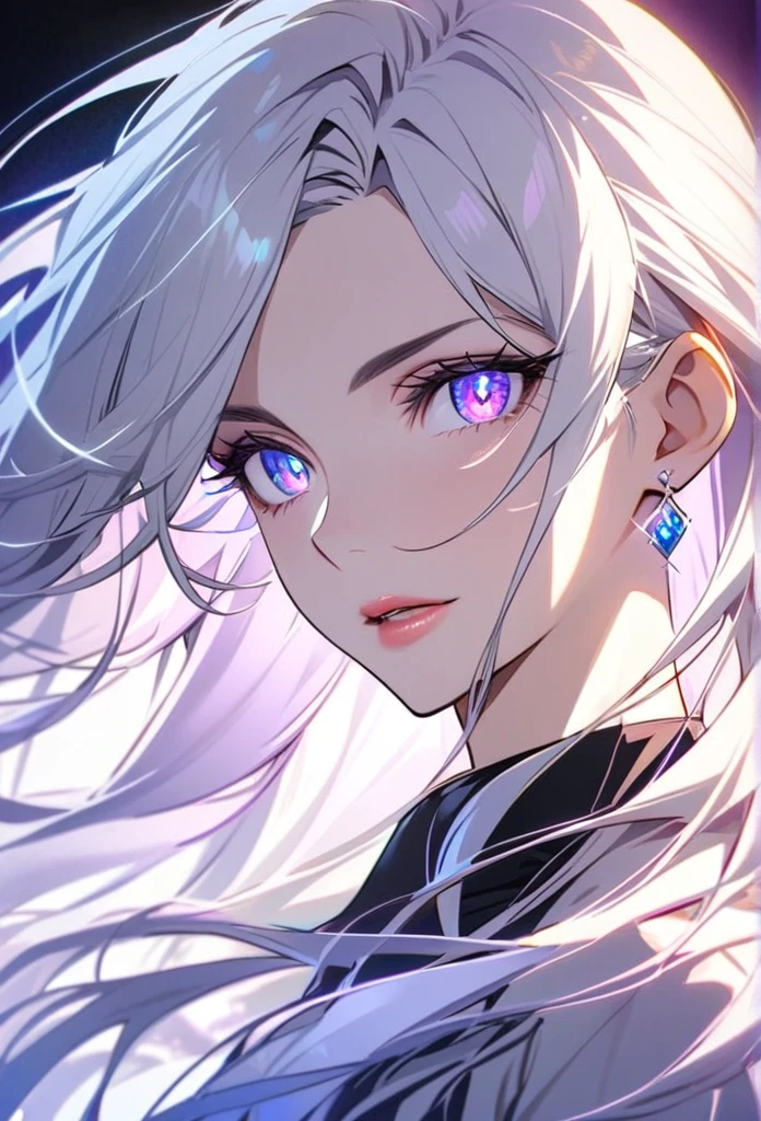 woman, blue eyes, long hair, white hair, mature, god eyes, diamond earings, glowing right eyes, two colors eyes, purple eyes